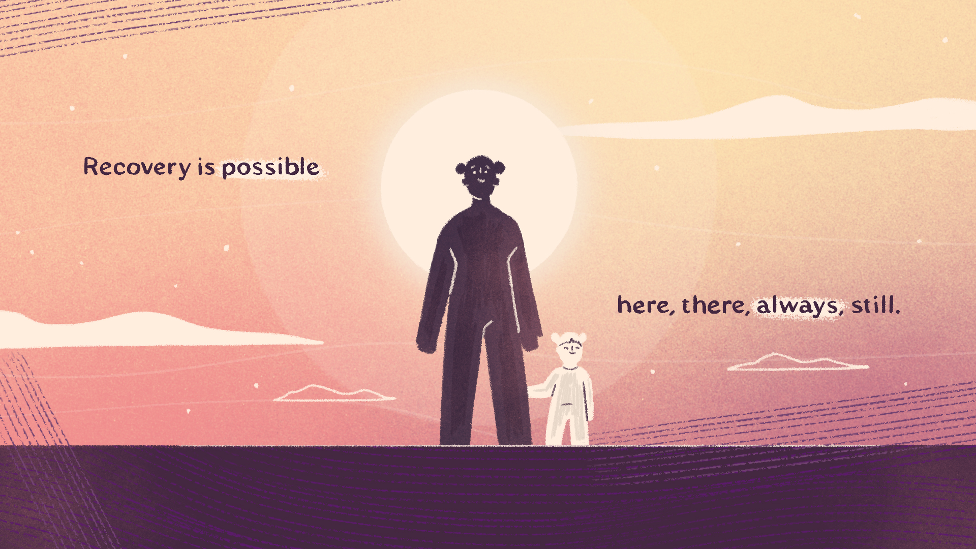 Illustration of two figures standing under a glowing sun with text: “Recovery is possible. Here, there, always, still. The illustration image is a still from Walls Start to Melt poem animation created by Rowena Sheehan.