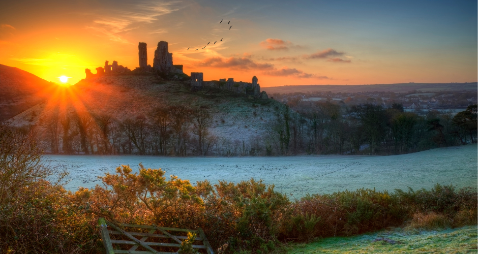 A cold weather scene at Corfe Castle, Dorset