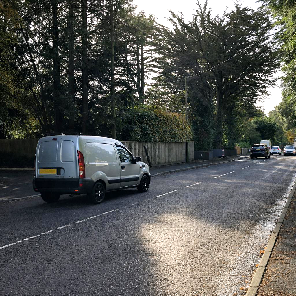 A silver coloured van behind other cars travelling along a shady road