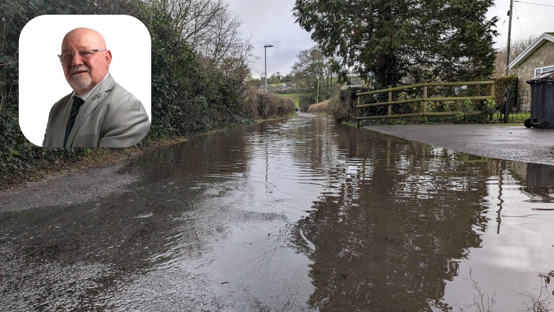 Flooded road. Inset: Cllr. Jon Andrews