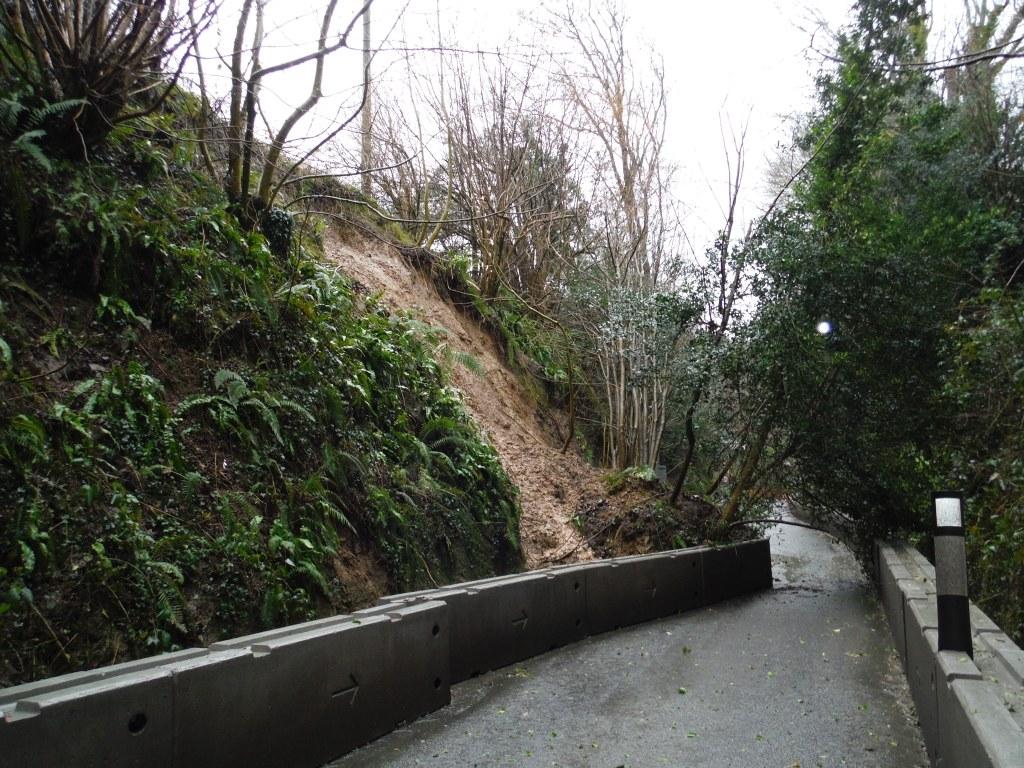 A landslip onto the road at Dinah's Hollow