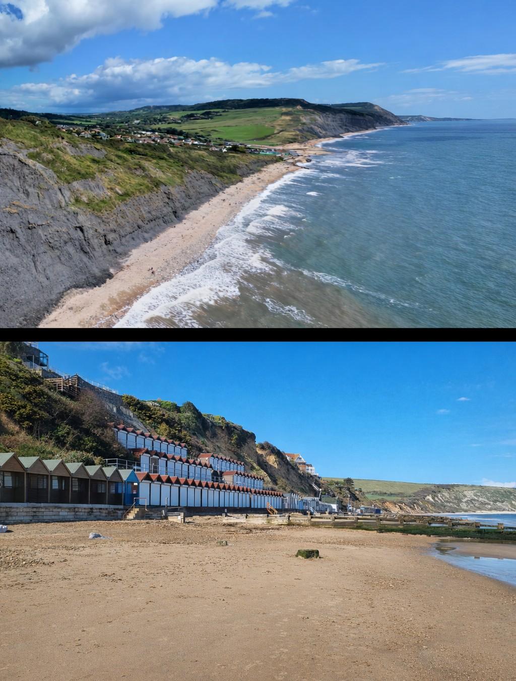 Photographs of Charmouth coastline from the sky and of north Swanage beach with sandy beach and beach huts along base of cliff