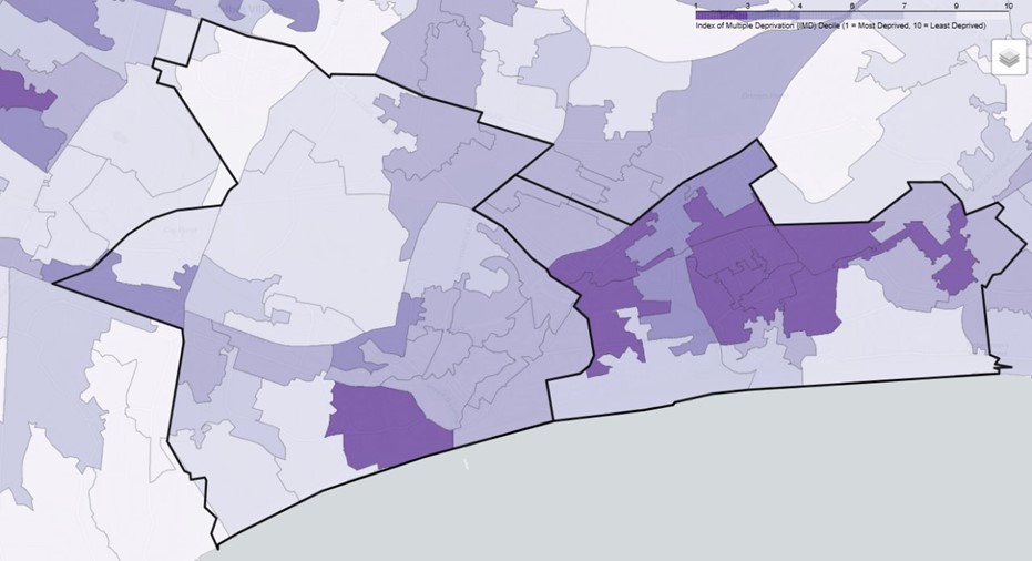 Map showing Index of Multiple Deprivation (IMD) Decile for Boscombe and Poole East PNA Locality. Darker purple indicates more deprived areas (decile 1); lighter purple indicates less deprived areas (decile 10). Scale ranges from 1 to 10.
