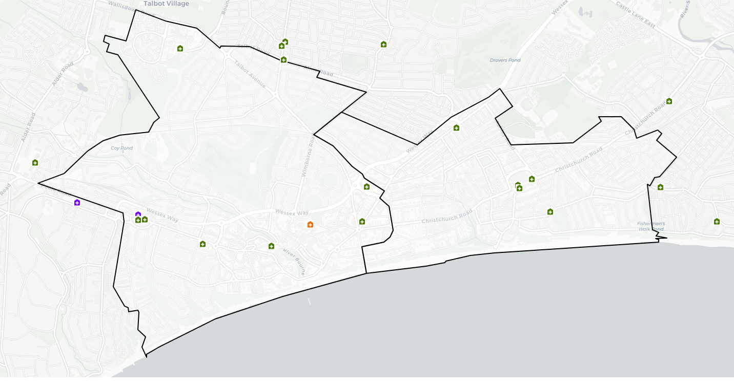 This image is a detailed map of Boscombe and Poole East PNA Locality. The icons on the map represent the locations of: 100 Hours Community Pharmacy (purple cross icon), 40 Hours Community Pharmacy (green cross icon), Dispensing Appliance Contractor (yellow cross icon), Distance Selling Pharmacy (orange cross icon), Closed Pharmacy (red cross with circle around it), Neighbouring 100 Hours Community Pharmacy (purple house with white cross), Neighbouring 40 Hours Community Pharmacy (green house with white cross), Neighbouring Dispensing Appliance Contractor (yellow house with white medical bag), Neighbouring Distance Selling Pharmacy (orange house with white computer screen) and GP Practice/GP Dispensing Practice (blue building with windows and door).