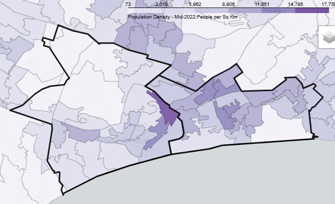 Map showing population density in Boscombe and Poole East Locality mid-2022, with areas shaded in purple. Density ranges from 73 to 17,739 people per square kilometre. Darker purple indicates higher population density.