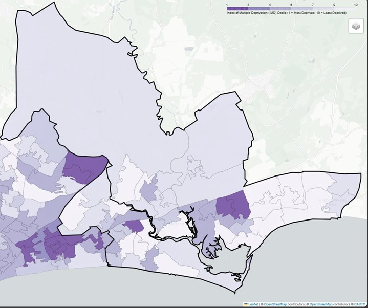 Map showing Index of Multiple Deprivation (IMD) Decile for Christchurch, Southbourne and Littledown PNA Locality. Darker purple indicates more deprived areas (decile 1); lighter purple indicates less deprived areas (decile 10). Scale ranges from 1 to 10.