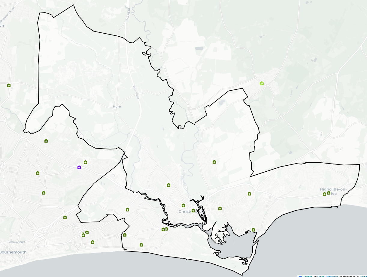 A map showing Christchurch, Southbourne and Littledown PNA Locality with various icons represent the locations of 100 hour community pharmacies, 40 hour community pharmacies, Dispensing Appliance Contractor, Distance Selling Pharmacies and GP Dispensing Practices.