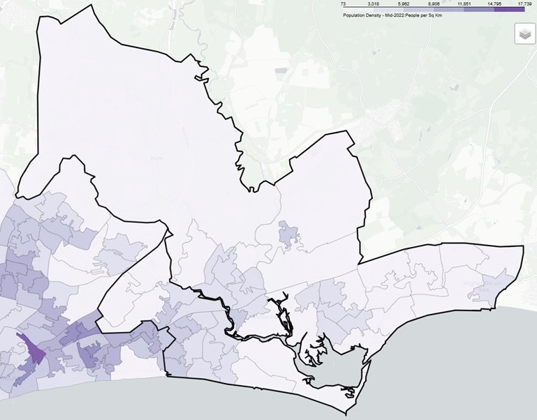 Map showing population density in Christchurch, Southbourne and Littledown Locality mid-2022, with areas shaded in purple. Density ranges from 73 to 17,739 people per square kilometre. Darker purple indicates higher population density.