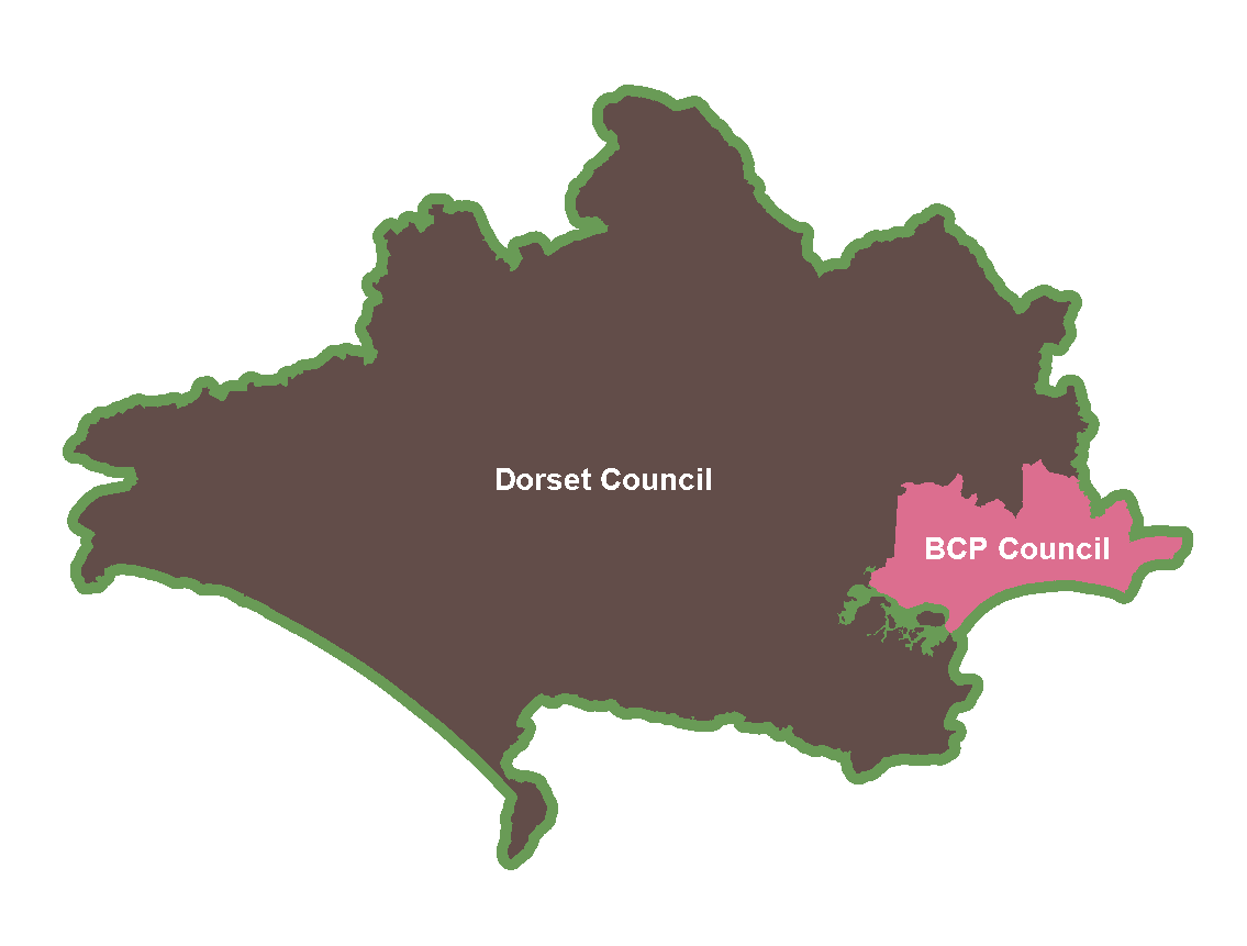 Map of Dorset showing Dorset Council and BCP Council areas