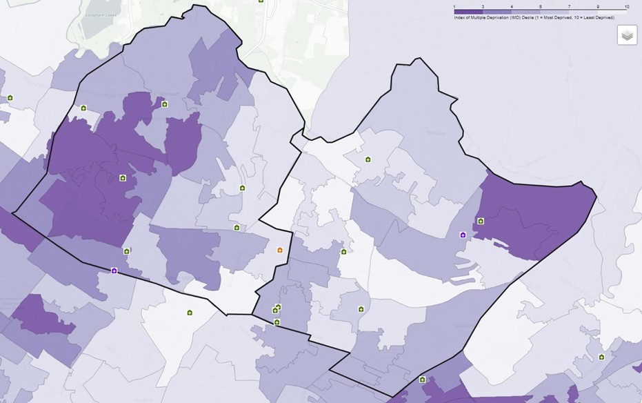 Map showing Index of Multiple Deprivation (IMD) Decile for Mid Bournemouth, Kinson and Wallisdown PNA Locality. Darker purple indicates more deprived areas (decile 1); lighter purple indicates less deprived areas (decile 10). Scale ranges from 1 to 10.