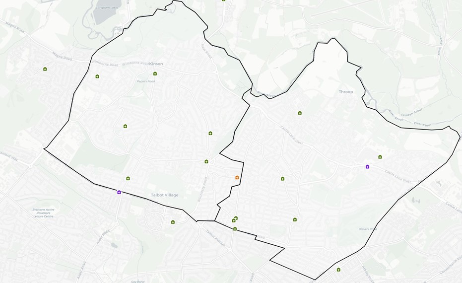 A map showing Mid Bournemouth, Kinson and Wallisdown PNA Locality with various icons represent the locations of 100 hour community pharmacies, 40 hour community pharmacies, Dispensing Appliance Contractor, Distance Selling Pharmacies and GP Dispensing Practices.