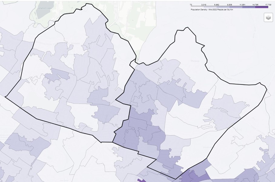 Map showing population density in Mid Bournemouth, Kinson and Wallisdown Locality mid-2022, with areas shaded in purple. Density ranges from 73 to 17,739 people per square kilometre. Darker purple indicates higher population density.