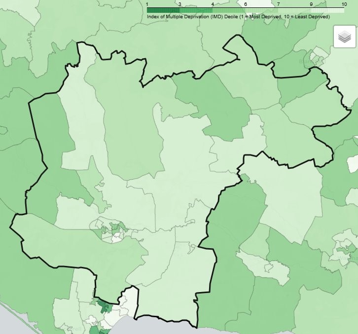 Map showing Index of Multiple Deprivation (IMD) Decile for Mid Dorset PNA Locality. Darker green indicates more deprived areas (decile 1); lighter green indicates less deprived areas (decile 10). Scale ranges from 1 to 10.