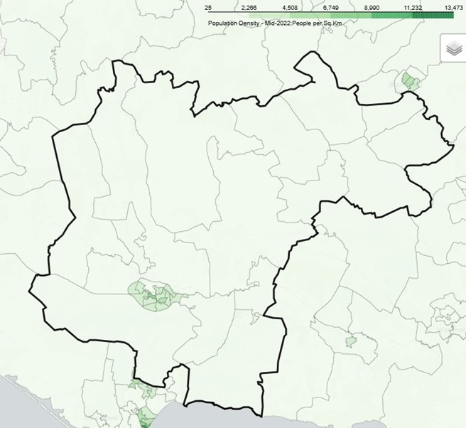 Map showing population density in Mid Dorset Locality mid-2022, with areas shaded in green. Density ranges from 25 to 13,473 people per square kilometre. Darker green indicates higher population density.