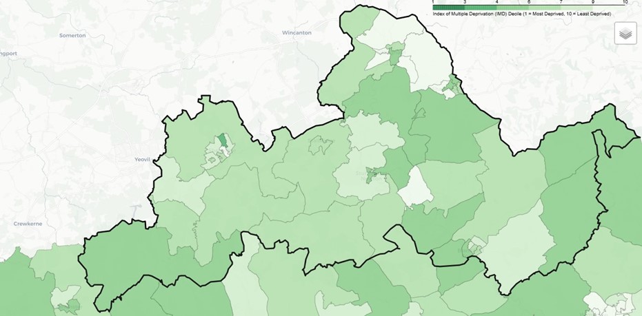 Map showing Index of Multiple Deprivation (IMD) Decile for North Dorset PNA Locality. Darker green indicates more deprived areas (decile 1); lighter green indicates less deprived areas (decile 10). Scale ranges from 1 to 10.