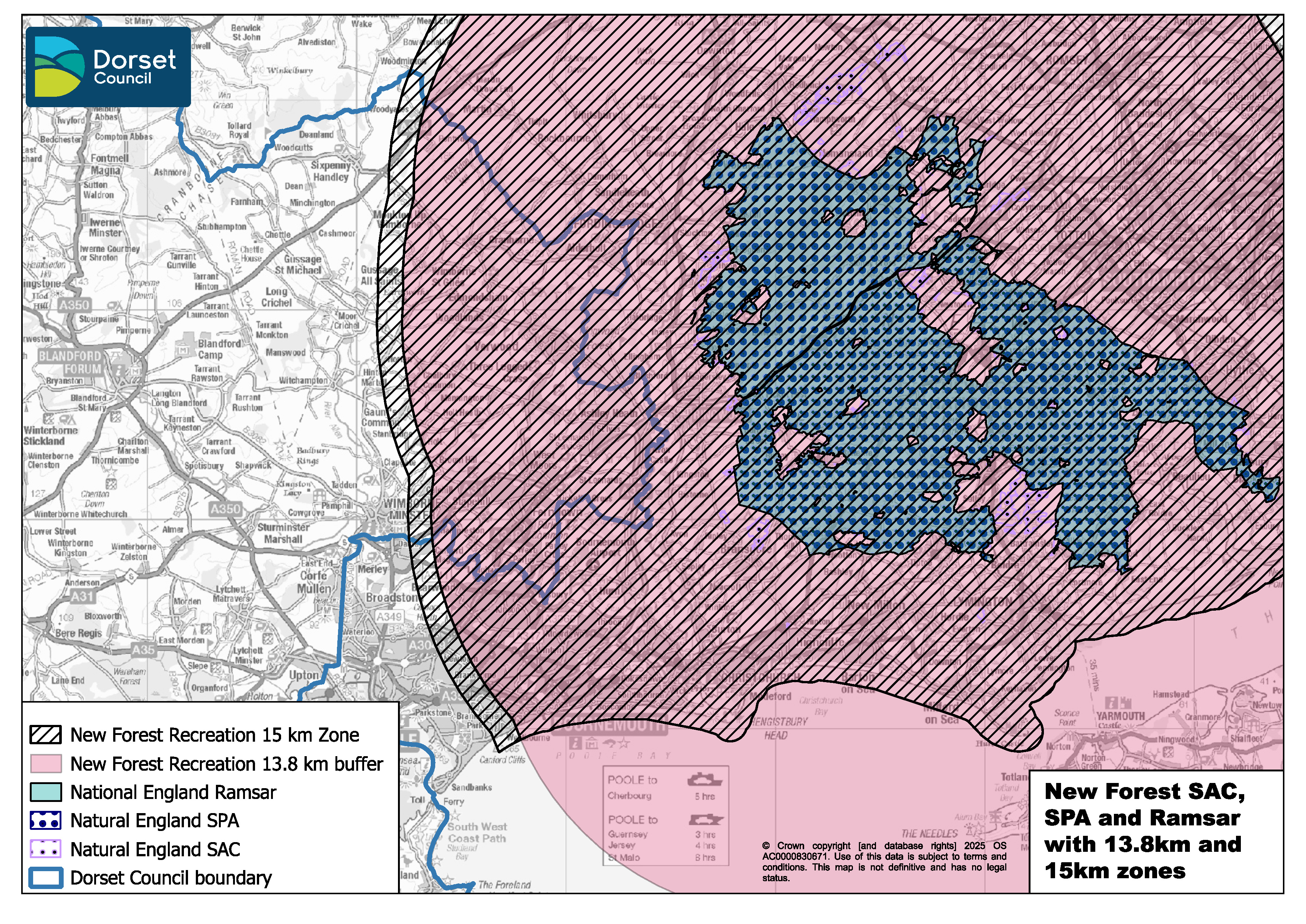 A map showing the New Forest SAC, SPA and Ramsar with 13.8km and 15km zones