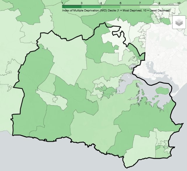 Map showing Index of Multiple Deprivation (IMD) Decile for Purbeck PNA Locality. Darker green indicates more deprived areas (decile 1); lighter green indicates less deprived areas (decile 10). Scale ranges from 1 to 10.