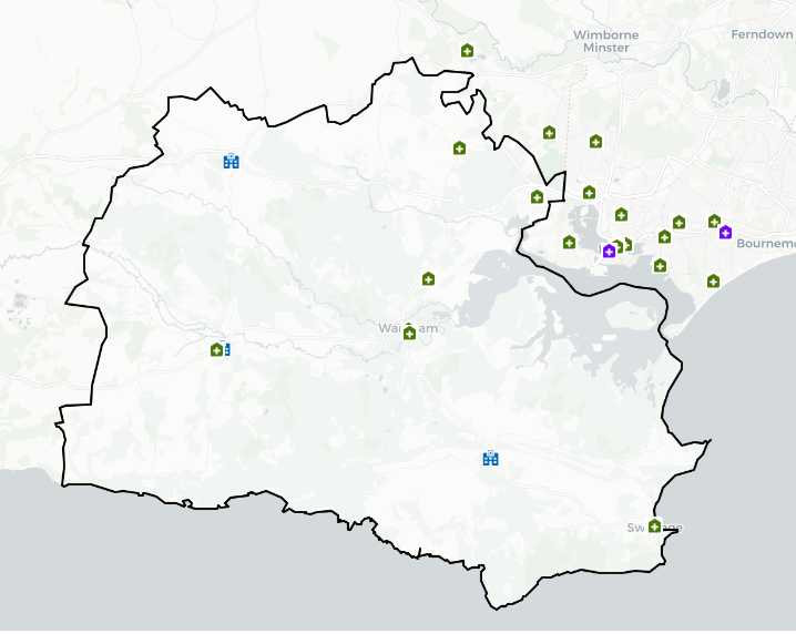 A map showing Purbeck PNA Locality with various icons represent the locations of 100 hour community pharmacies, 40 hour community pharmacies, Dispensing Appliance Contractor, Distance Selling Pharmacies and GP Dispensing Practices.