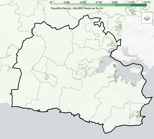 Map showing population density in Purbeck Locality mid-2022, with areas shaded in green. Density ranges from 25 to 13,473 people per square kilometre. Darker green indicates higher population density.