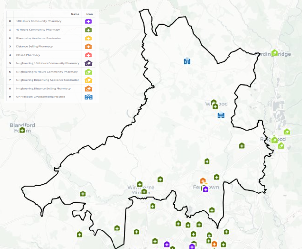 A map showing the East Dorset PNA Locality with various icons represent the locations of 100 hour community pharmacies, 40 hour community pharmacies, Dispensing Appliance Contractor, Distance Selling Pharmacies and GP Dispensing Practices which have been defined in the legend table.