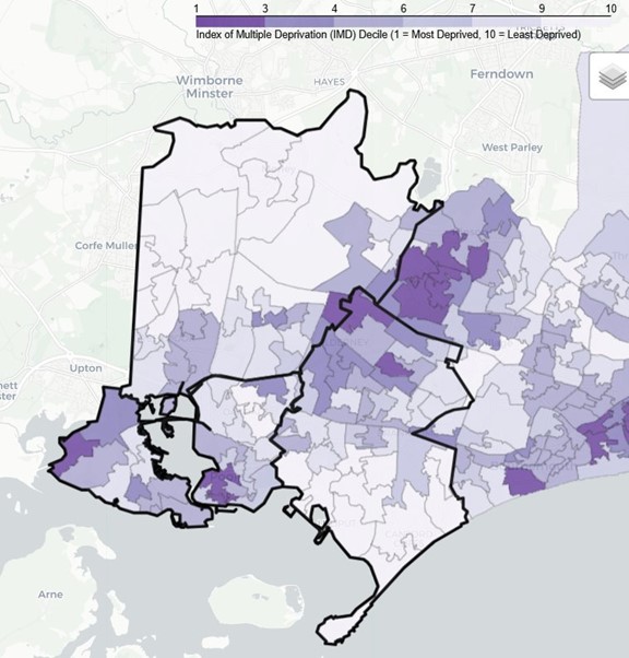 Map showing Index of Multiple Deprivation (IMD) Decile for Poole PNA Locality. Darker purple indicates more deprived areas (decile 1); lighter purple indicates less deprived areas (decile 10). Scale ranges from 1 to 10.
