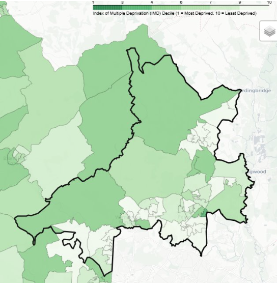 Map showing Index of Multiple Deprivation (IMD) Decile for East Dorset PNA Locality. Darker green indicates more deprived areas (decile 1); lighter green indicates less deprived areas (decile 10). Scale ranges from 1 to 10.