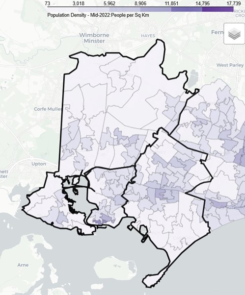 Map showing population density in Poole Locality mid-2022, with areas shaded in purple. Density ranges from 73 to 17,739 people per square kilometre. Darker purple indicates higher population density.