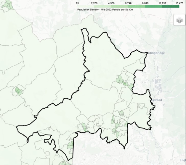 Map showing population density in Dorset East Locality mid-2022, with areas shaded in green. Density ranges from 25 to 13,473 people per square kilometer. Darker green indicates higher population density.