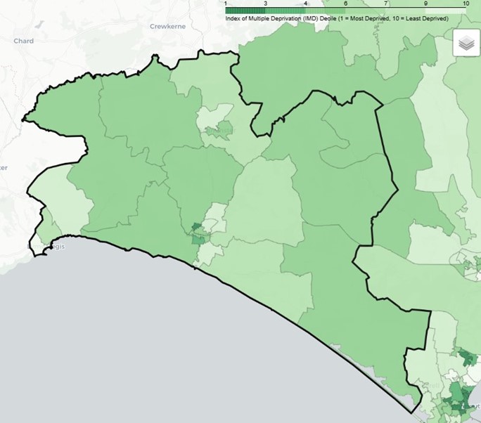 Map showing Index of Multiple Deprivation (IMD) Decile for West Dorset PNA Locality. Darker green indicates more deprived areas (decile 1); lighter green indicates less deprived areas (decile 10). Scale ranges from 1 to 10.