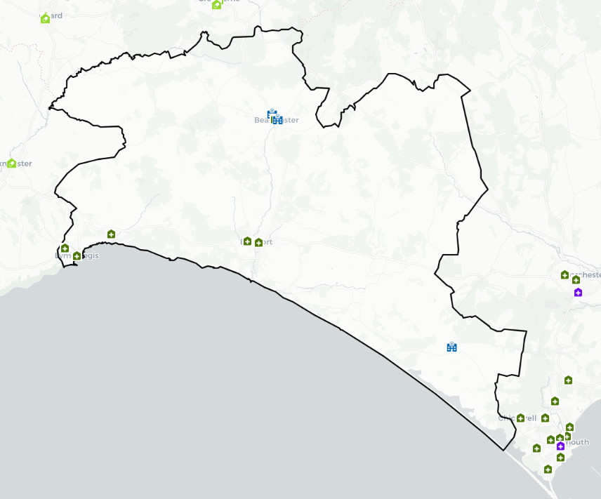 A map showing North Dorset PNA Locality with various icons represent the locations of 100 hour community pharmacies, 40 hour community pharmacies, Dispensing Appliance Contractor, Distance Selling Pharmacies and GP Dispensing Practices.