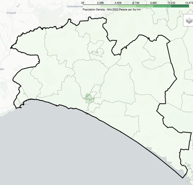Map showing population density in West Dorset Locality mid-2022, with areas shaded in green. Density ranges from 25 to 13,473 people per square kilometre. Darker green indicates higher population density.