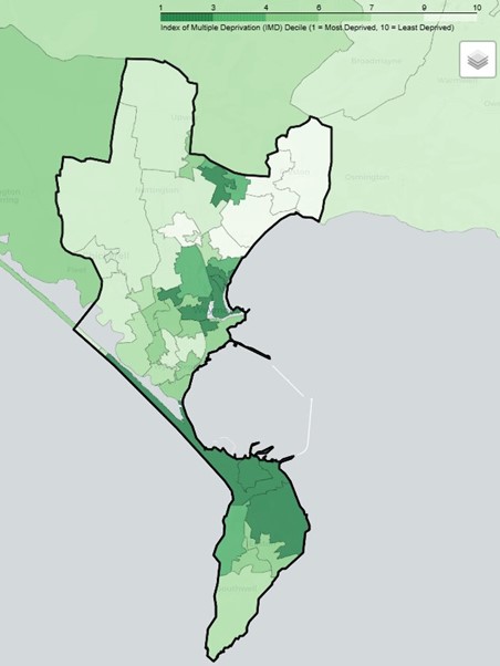 Map showing Index of Multiple Deprivation (IMD) Decile for Weymouth and Portland PNA Locality. Darker green indicates more deprived areas (decile 1); lighter green indicates less deprived areas (decile 10). Scale ranges from 1 to 10.