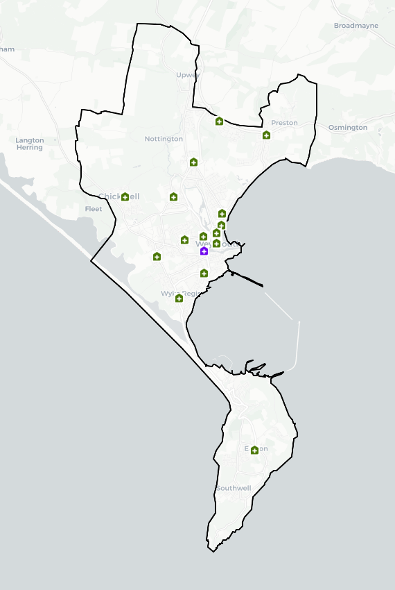 A map showing Weymouth and Portland PNA Locality with various icons represent the locations of 100 hour community pharmacies, 40 hour community pharmacies, Dispensing Appliance Contractor, Distance Selling Pharmacies and GP Dispensing Practices.