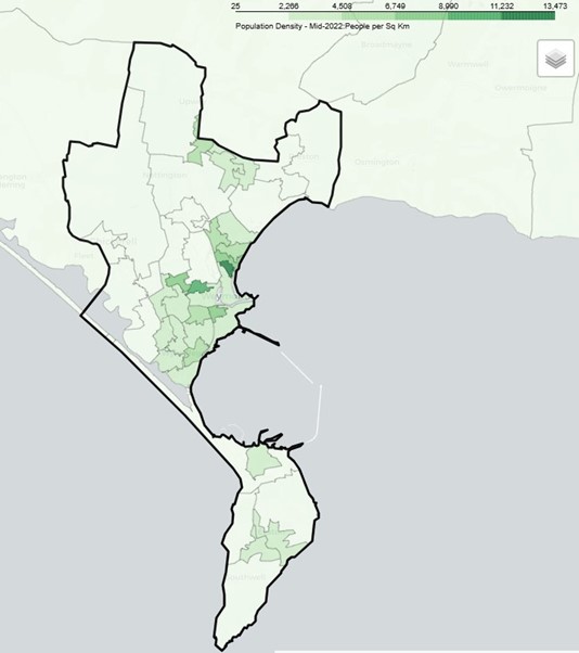 Map showing population density in Weymouth and Portland Locality mid-2022, with areas shaded in green. Density ranges from 25 to 13,473 people per square kilometre. Darker green indicates higher population density.