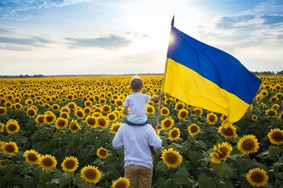 Father and son in field of sunflowers