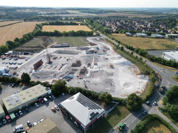 Aerial drone shot of new Blandford Waste Management Centre construction site
