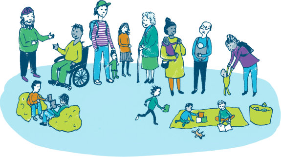 Family Hub drawing showing old and young people at a hub