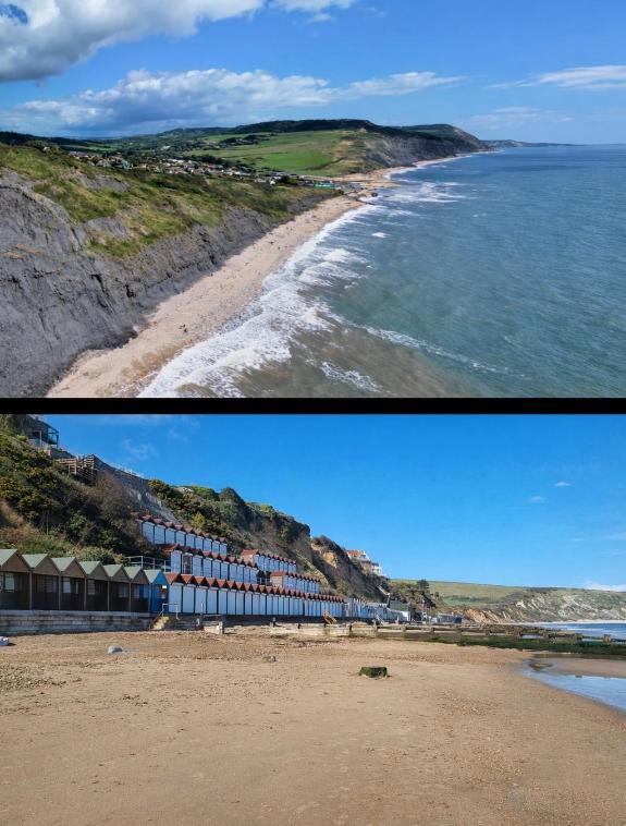 Photographs of Charmouth coastline from the sky and of north Swanage beach with sandy beach and beach huts along base of cliff